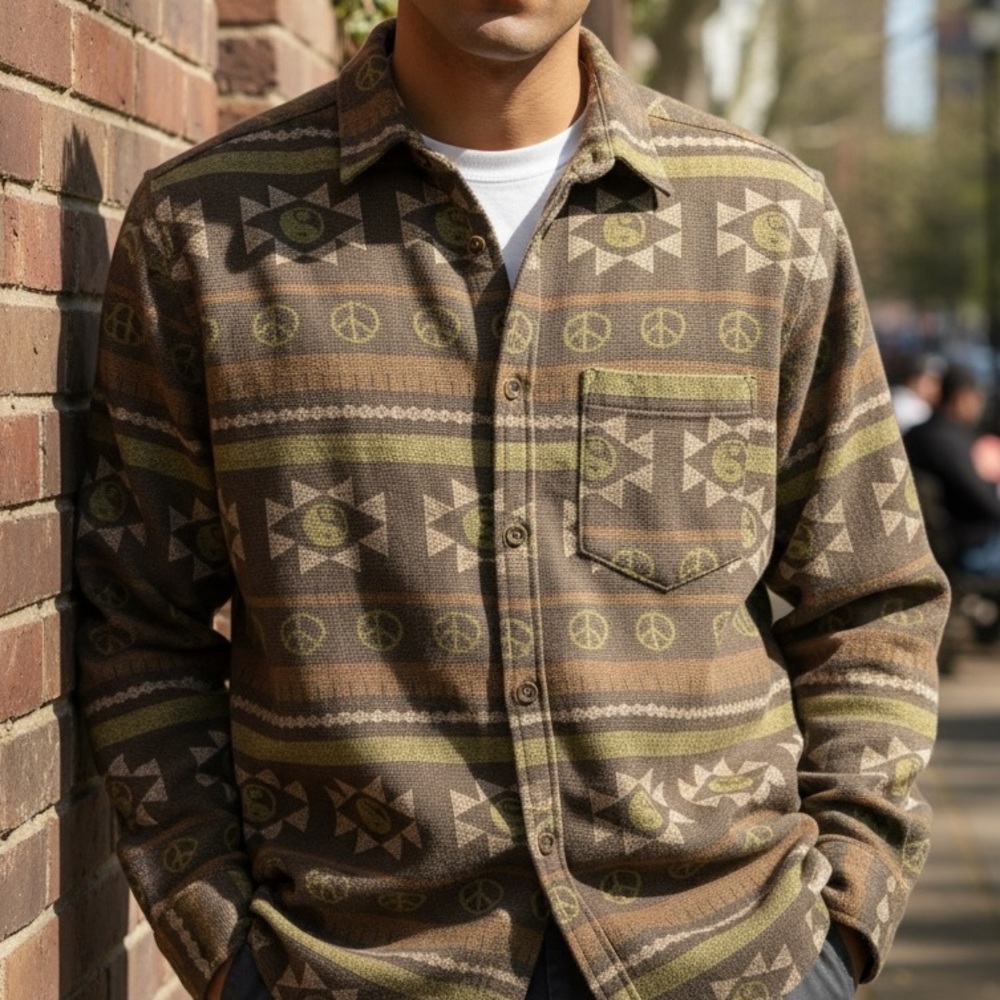 MENS COTTON ON SHIRT. SZ MEDIUM EARTHY TONES, YIN-YANG, PEACE & LOVE RETRO BOHO